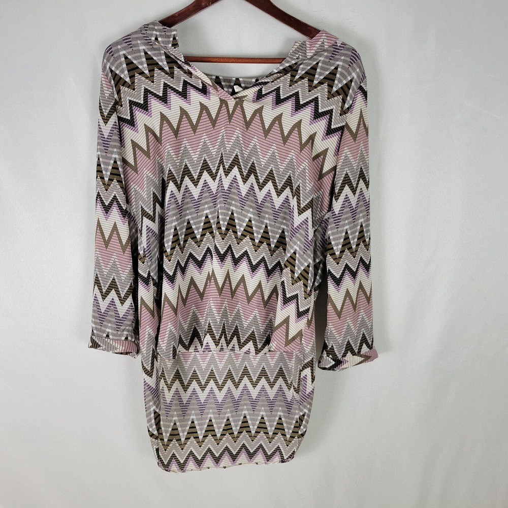 Cato Womens Blouse Small Top Multicolor Long Roll Tab Sleeve Split V Neck Shirt
